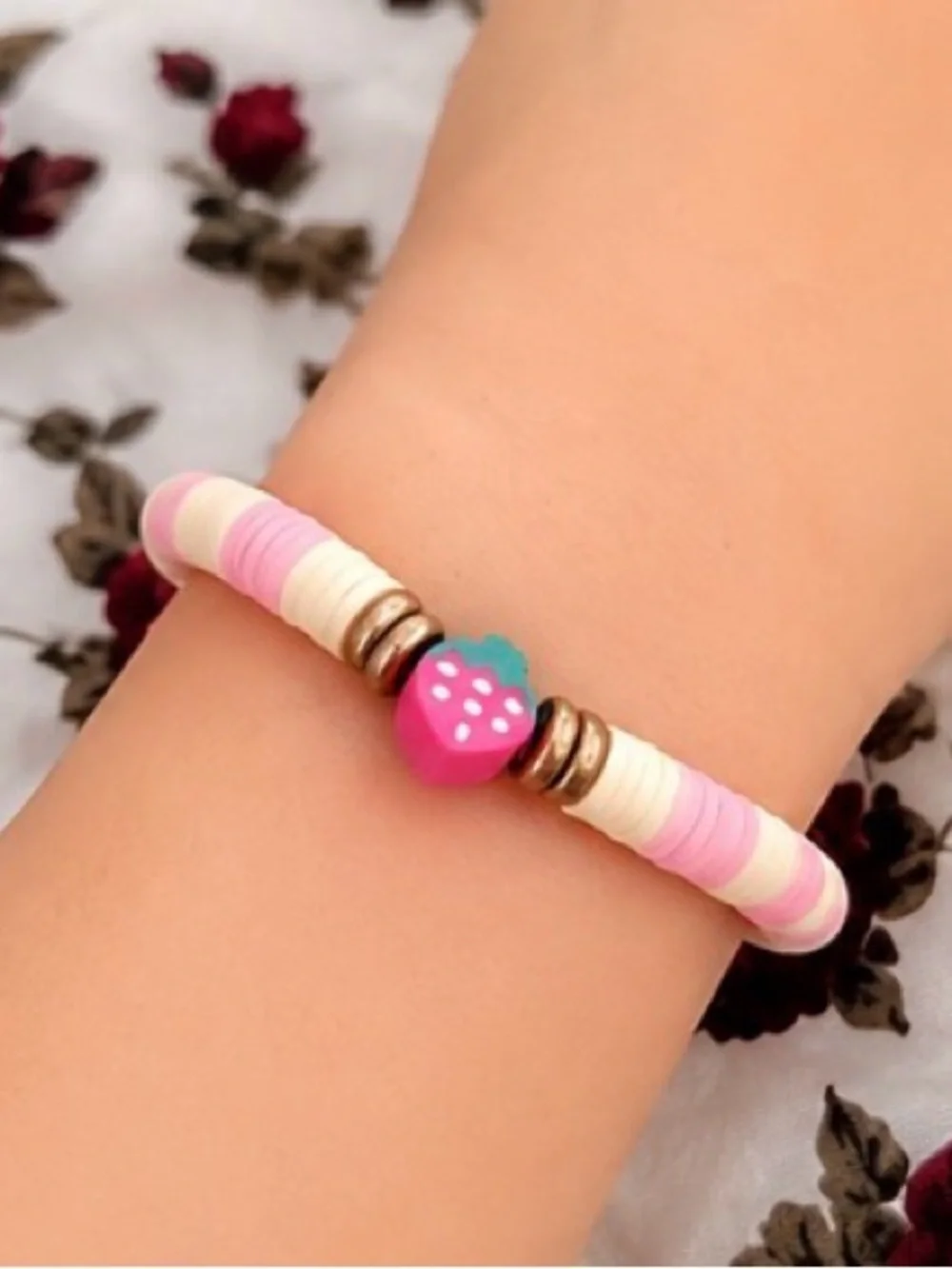 Kids Pink Strawberry Charm Bead Stretch Bracelet